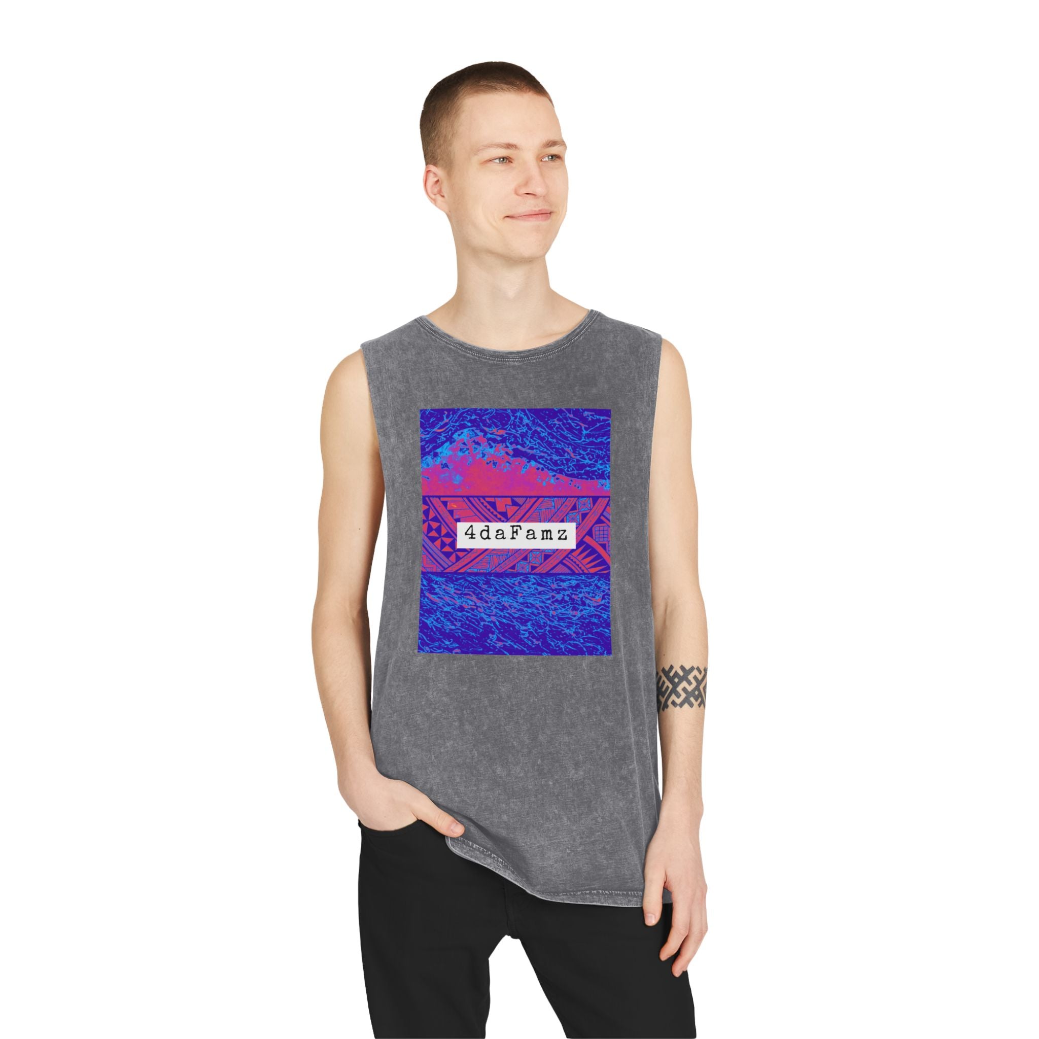 4daFamz Unisex Stonewash Tank Top with Vibrant Graphic, Casual Summer Wear, Beach Essential, Unique Gift, Festival Outfit