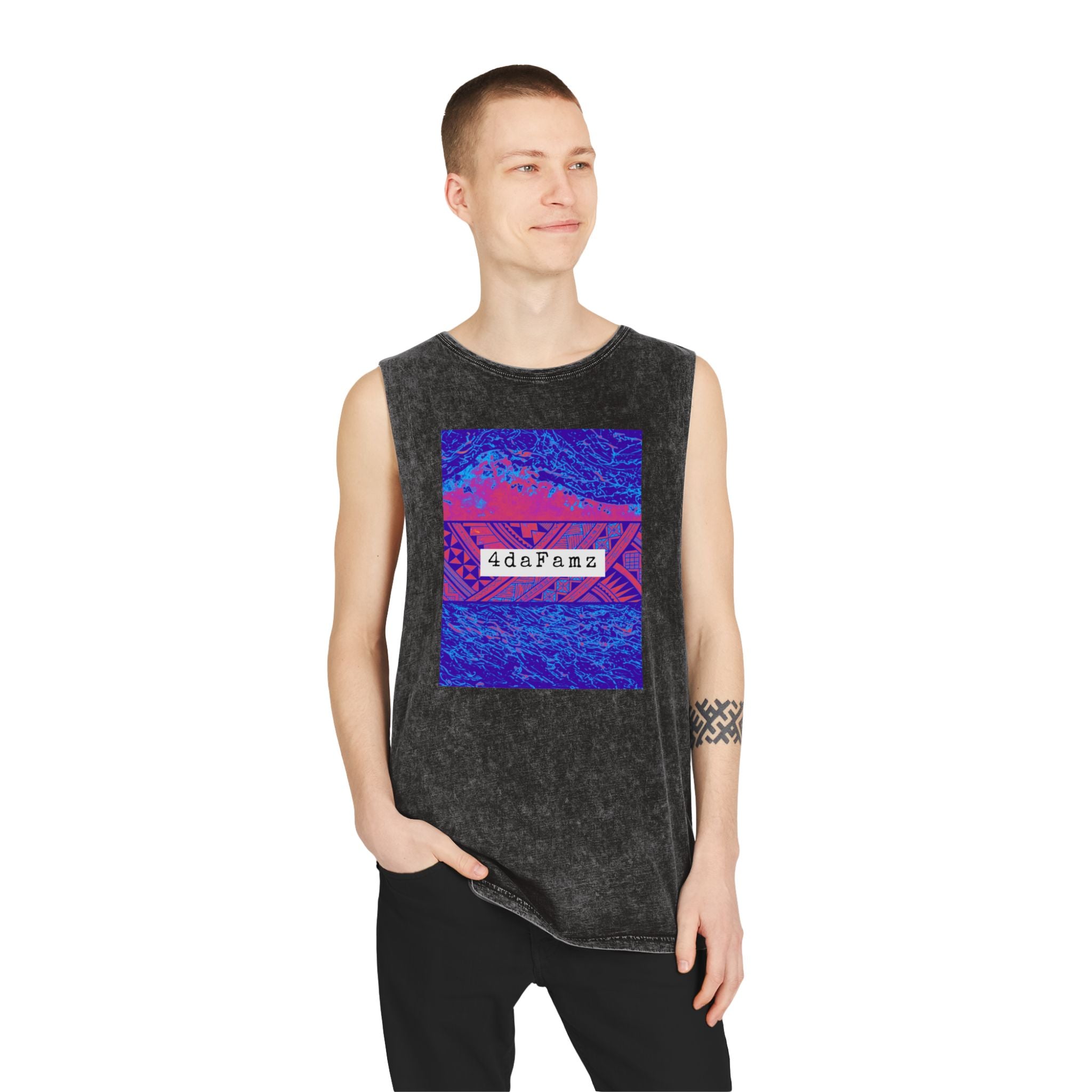 4daFamz Unisex Stonewash Tank Top with Vibrant Graphic, Casual Summer Wear, Beach Essential, Unique Gift, Festival Outfit